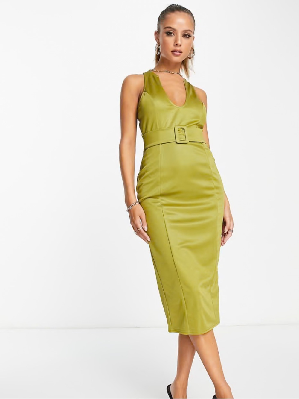 Asos Design Belted U Neckline Midi Dress In Olive-green NWOT SIZE 0